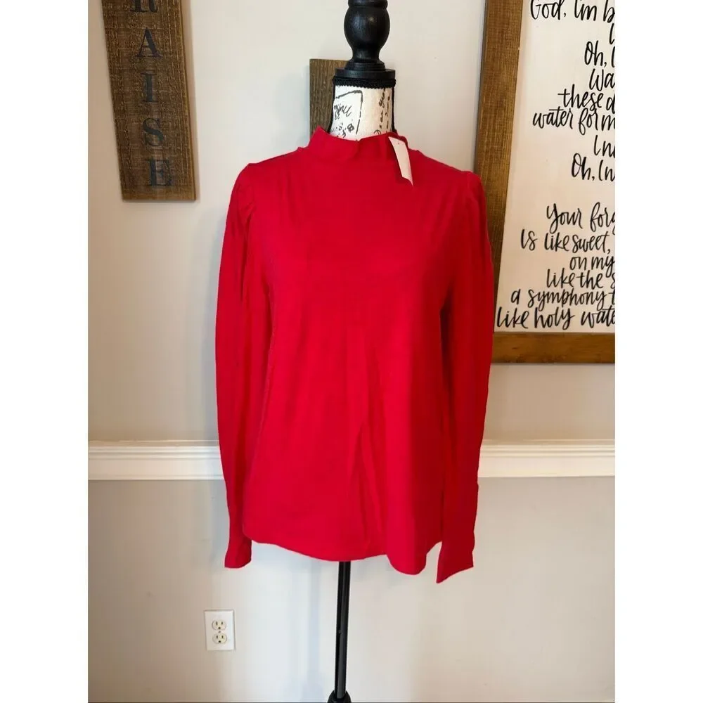 NWT Loft Women's Cotton Mock Neck Long Puff Sleeves Blouse Bright Red Size Large